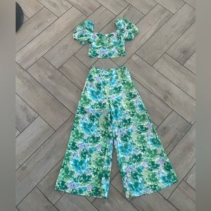 2 piece green floral pant set